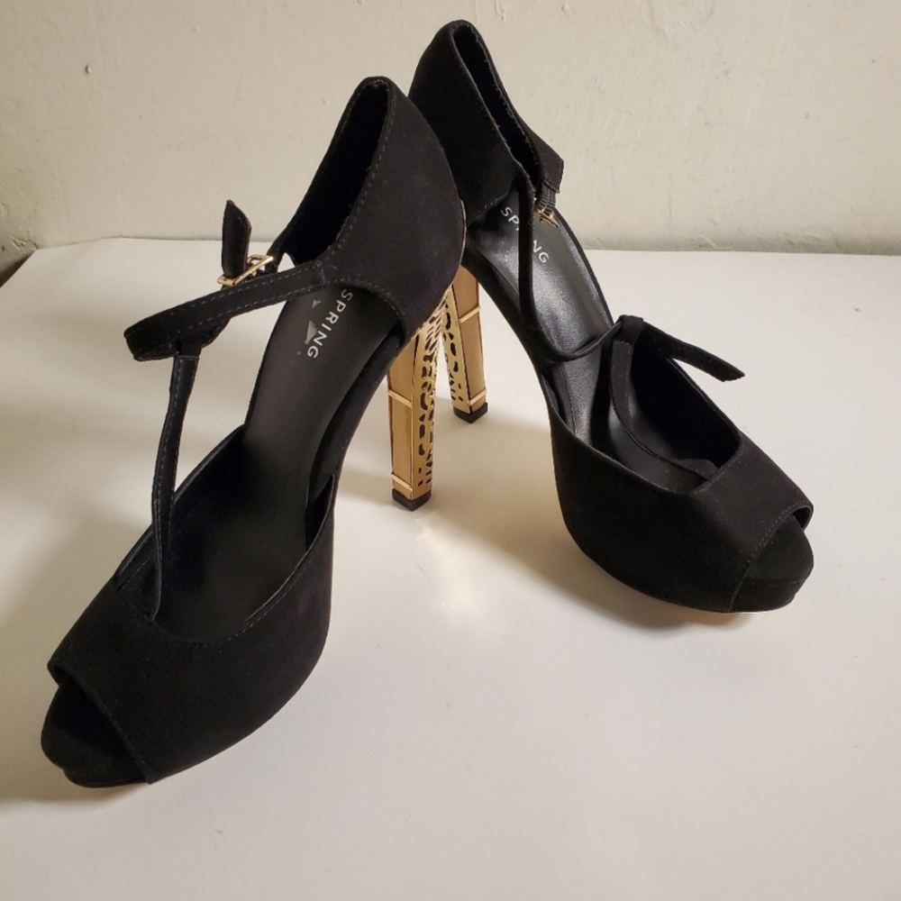 Call ot Spring Escobio Black Faux Suede T Strap Heel